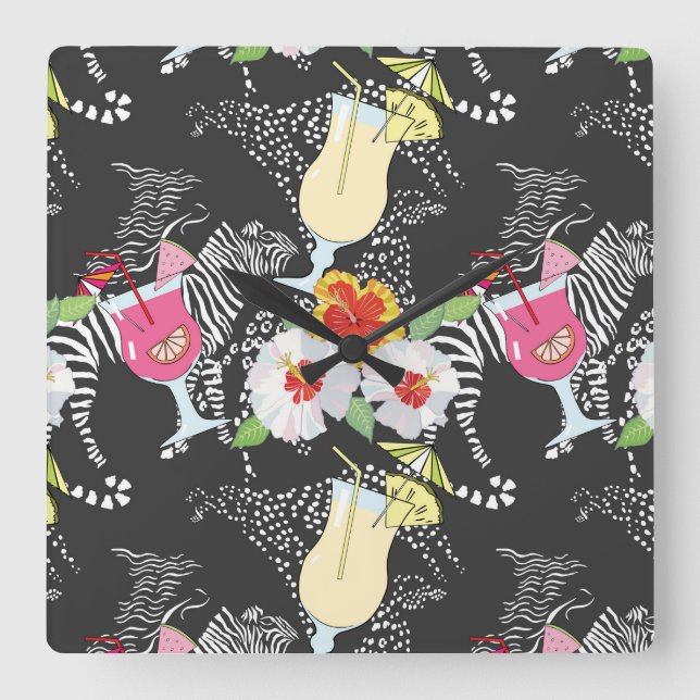 Tropical Drinks With Animals Square Wall Clock (Front)