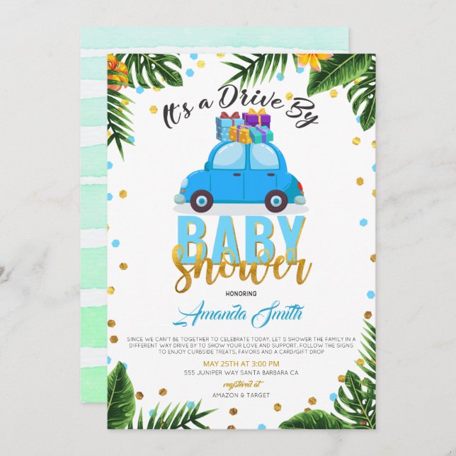 Tropical Drive By Baby Shower Boy Invitation (Front/Back)