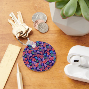 Tropical Dusk: Vibrant Red and Blue Wildflower Pat Key Ring