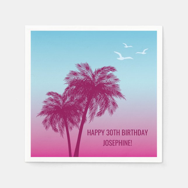 Tropical Dusk With Pink Palm Trees Happy Birthday Napkin (Front)
