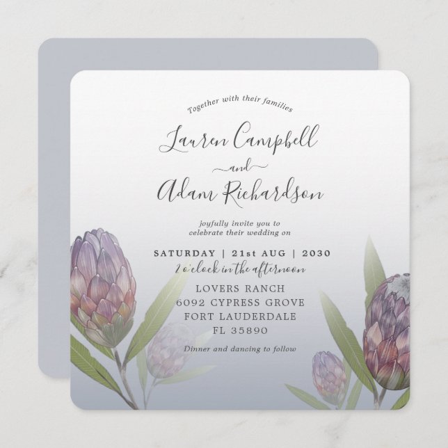 Tropical Dusty Blue & Purple Floral Wedding Invitation (Front/Back)