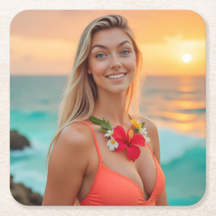Tropical Elegance: Helena's Bikini Photoshoot Square Paper Coaster