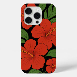 Tropical Elegance Red Hibiscus on Black iPhone 15 Pro Case