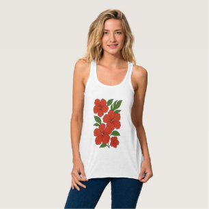 Tropical Elegance Red Hibiscus on Black Singlet