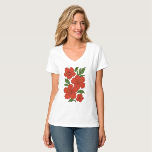 Tropical Elegance Red Hibiscus on Black T-Shirt