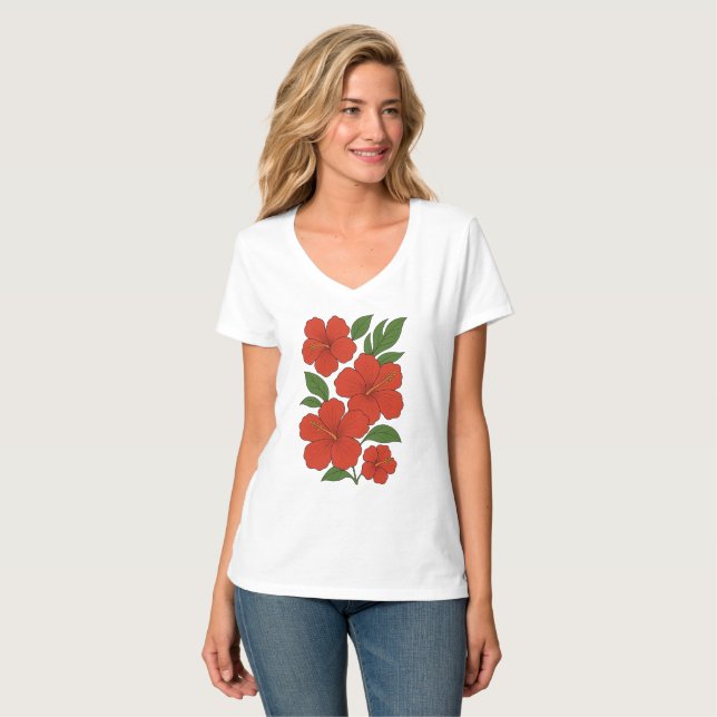 Tropical Elegance Red Hibiscus on Black T-Shirt (Front Full)