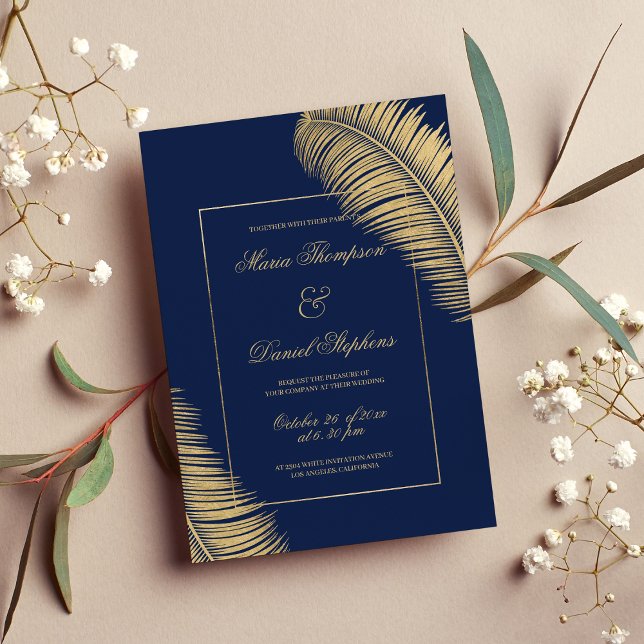 Tropical elegant navy blue gold foliage wedding invitation (Tropical elegant navy blue gold foliage wedding)