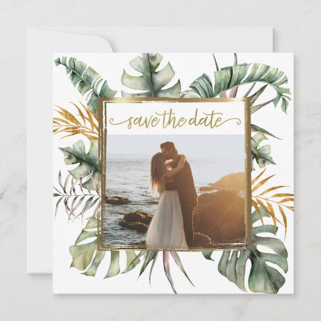 Tropical Elegant Palms Gold Frame Photo Save The Date (Front)
