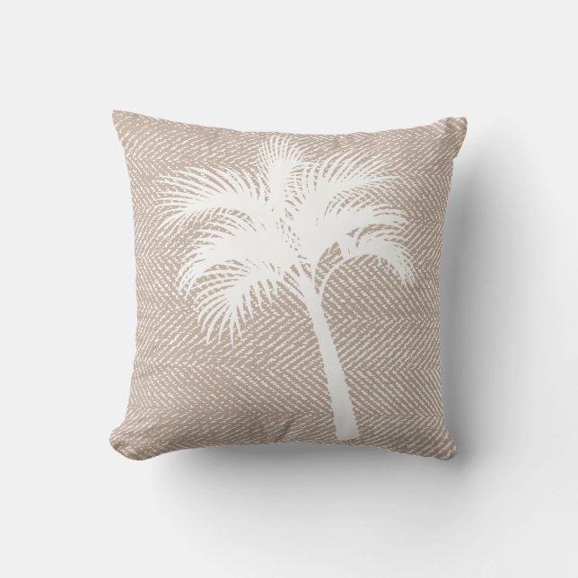 Tropical Elegant Taupe Herringbone & Palm Tree Cushion (Front)