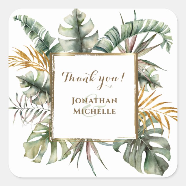 Tropical Elegant Watercolor Palms Thank You Square Sticker (Front)