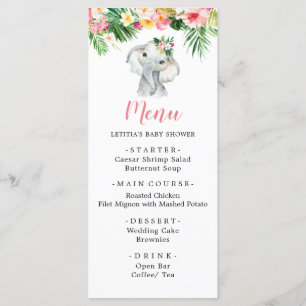 Tropical Elephant Girl Baby Shower Menu Sign