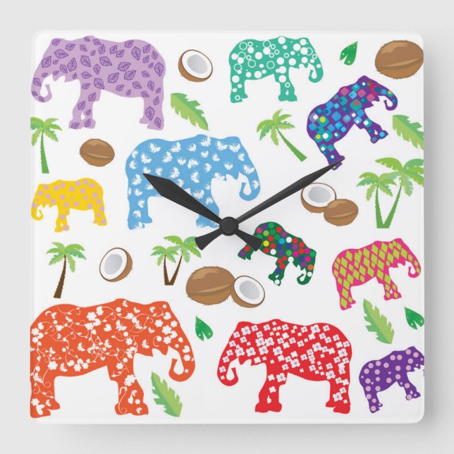 Tropical Elephants Square Wall Clock (Front)