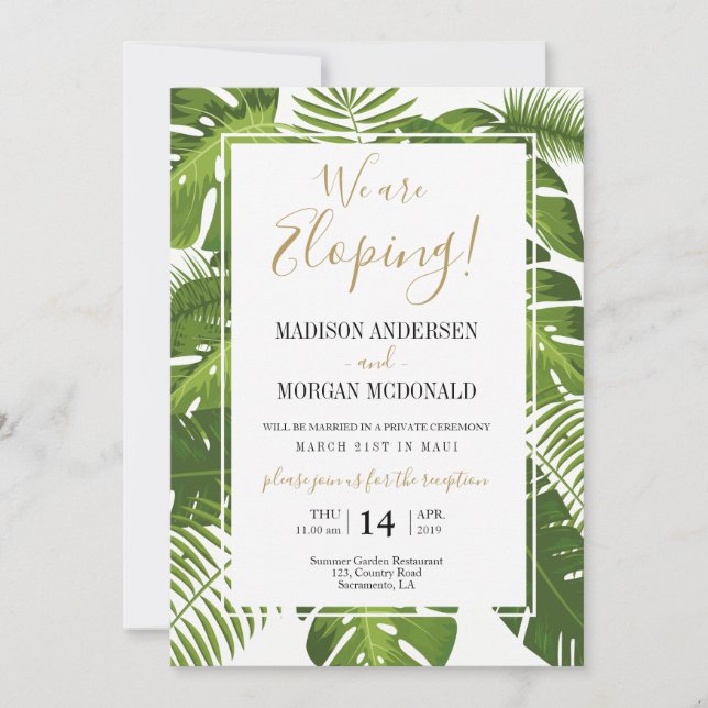 Tropical Elopement reception invitation (Front)