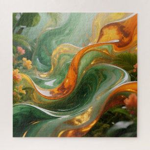 Tropical Emerald Amber Swirl Jigsaw Puzzle