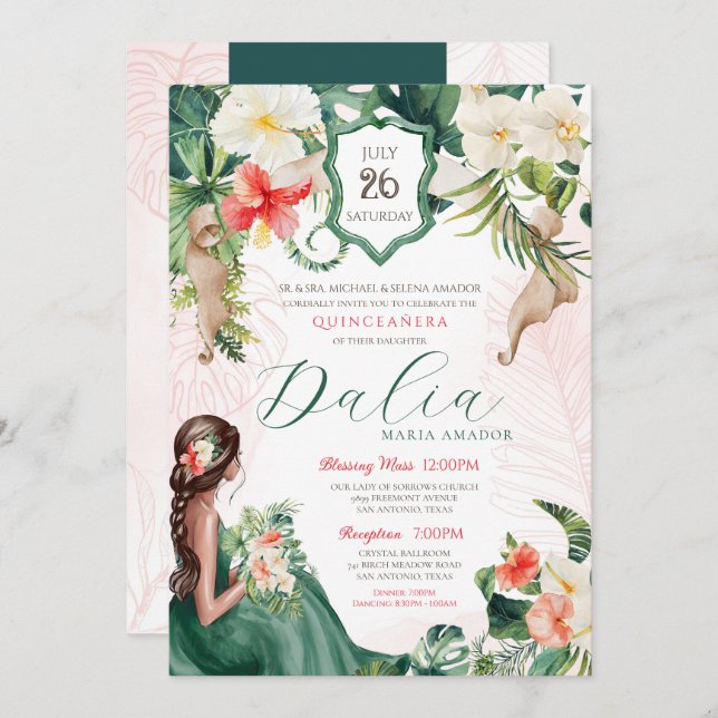 Tropical Emerald Green Floral Island Quinceañera Invitation (Front/Back)