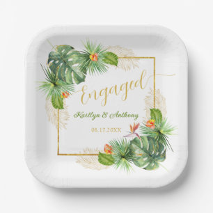 Tropical Engagement Party Watercolor Palm Floral Paper Plate