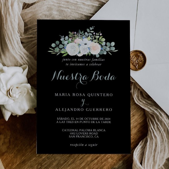 Tropical Eucalyptus Greenery Black Spanish Wedding Invitation (Creator Uploaded)