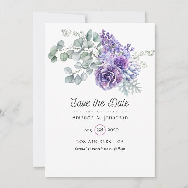Tropical Eucalyptus Succulents Wedding Save The Date (Front)