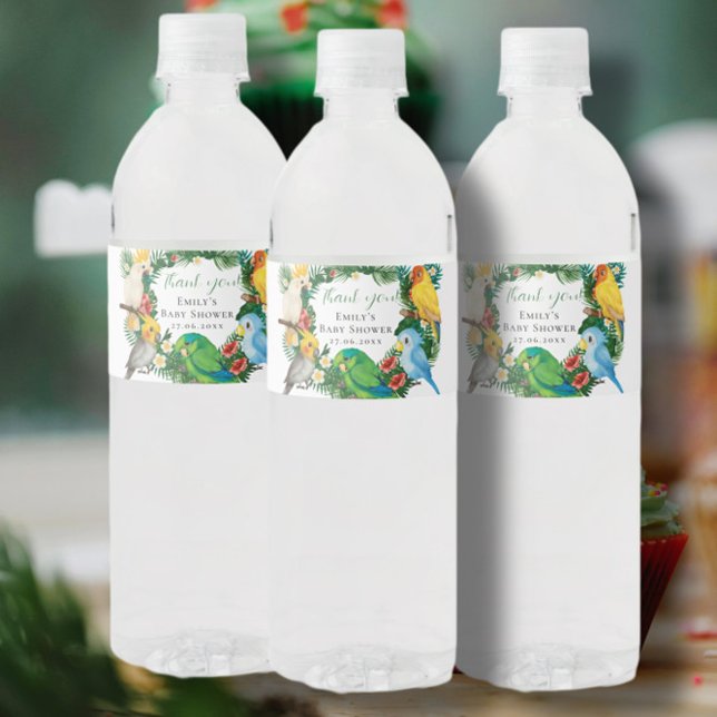 Tropical Exotic baby Wild Parrots Baby Shower Squa Water Bottle Label (Creator Uploaded)