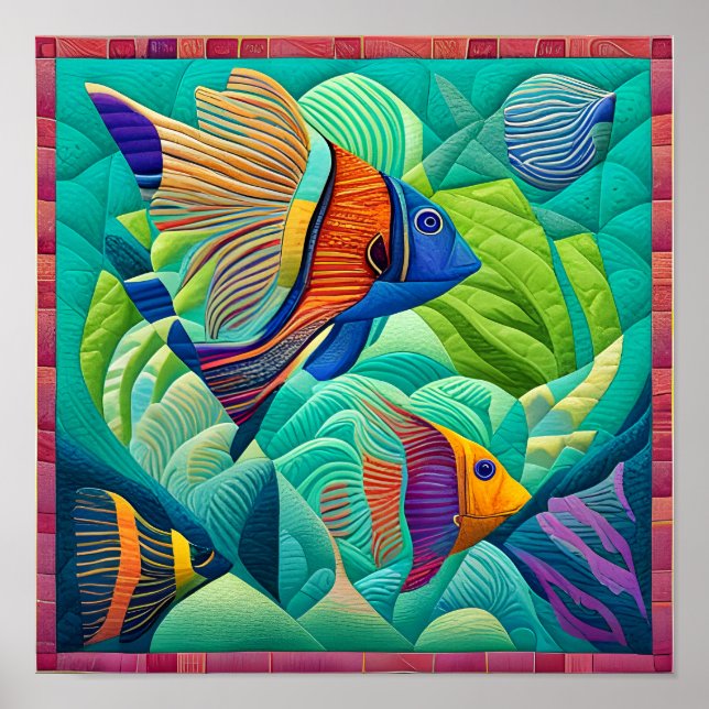 Tropical Exotic Fish in Mint Green Quilt Block Poster (Front)