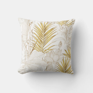 Tropical exotic floral line golden palm leaves and cushion