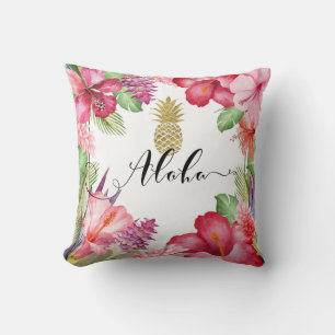 Tropical Exotic Flowers & Gold Pineapple Aloha Cushion
