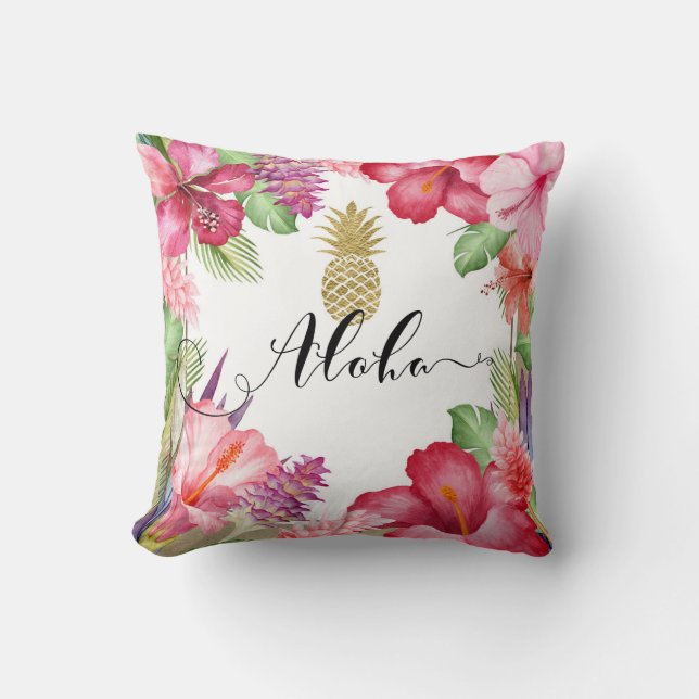 Tropical Exotic Flowers & Gold Pineapple Aloha Cushion (Front)