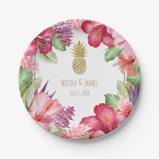 Tropical Exotic Flowers & Gold Pineapple Elegant Paper Plate (Front)
