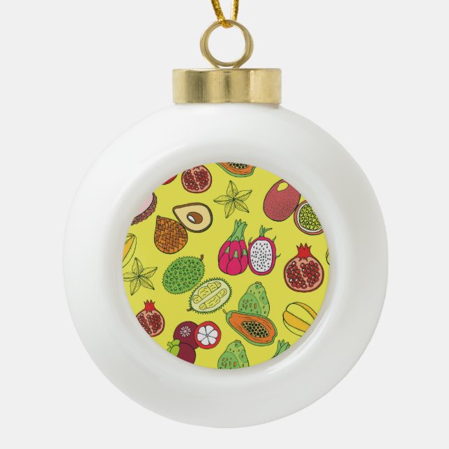 Tropical Exotic Fruits Hand-Drawn Pattern Ceramic Ball Christmas Ornament (Front)