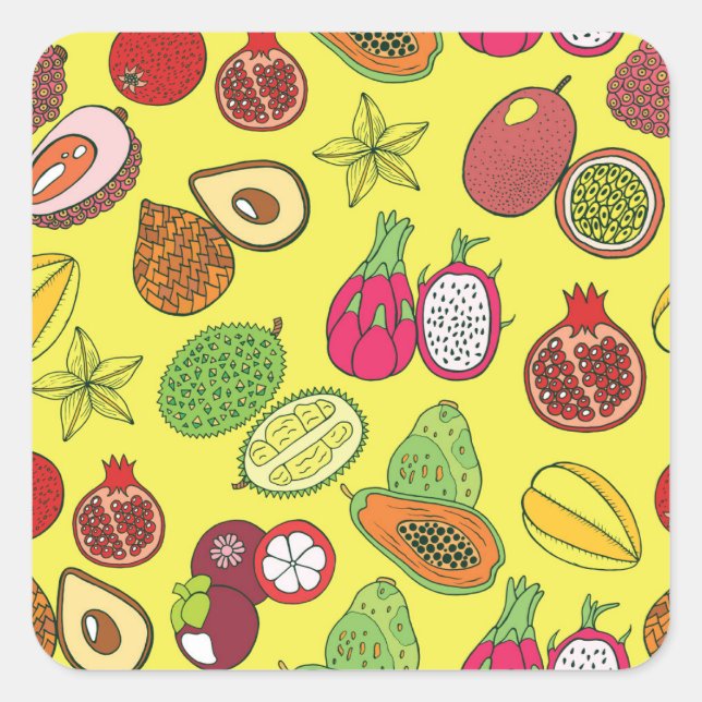 Tropical Exotic Fruits Hand-Drawn Pattern Square Sticker (Front)