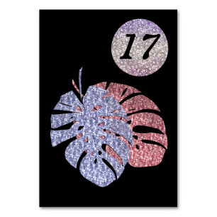 Tropical exotic glitter shine monstera leaves effe table number