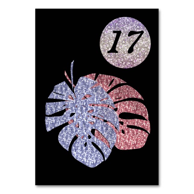 Tropical exotic glitter shine monstera leaves effe table number (Front)