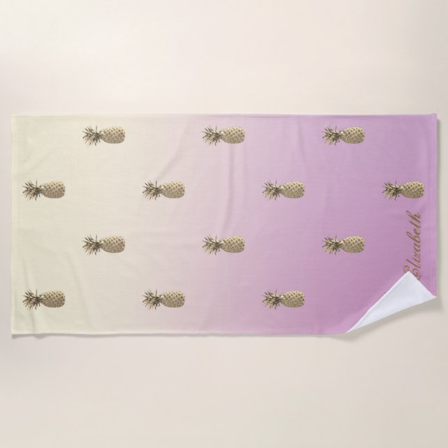 Tropical Exotic ,Gold Pineapple Beach Towel (Front)