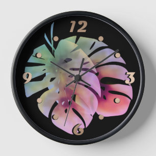 Tropical exotic green monstera leaves watercolor clock