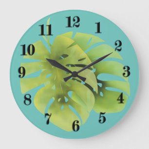 Tropical exotic green monstera leaves watercolor e large clock