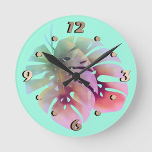 Tropical exotic green monstera leaves watercolor e round clock