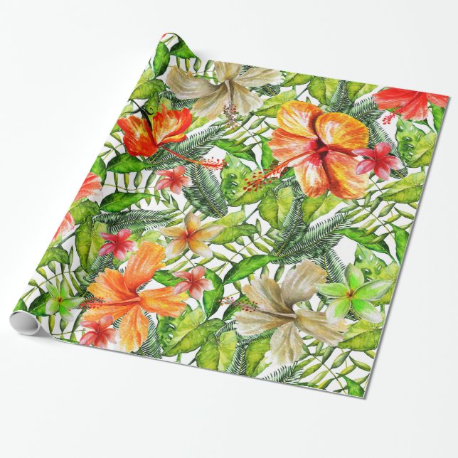 Tropical Exotic Jungle Hibiscus Flower Flowers Wrapping Paper (Unrolled)