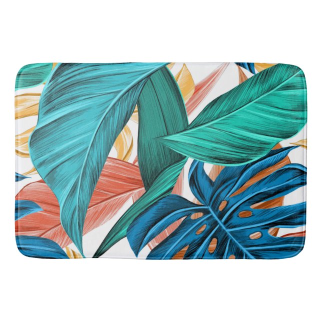 Tropical exotic palm and leaves bath mat (Front)