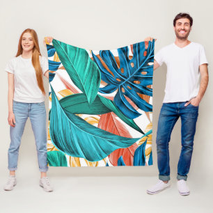 Tropical exotic palm and leaves fleece blanket
