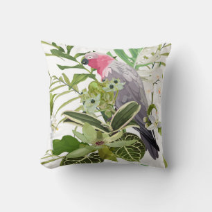 Tropical exotic pattern with parrot and flowers cushion