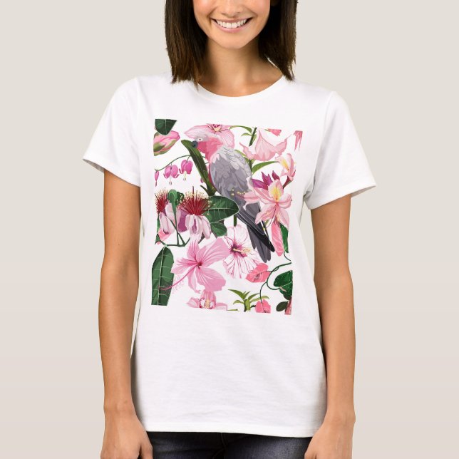 Tropical exotic pattern with parrot and flowers  T-Shirt (Front)