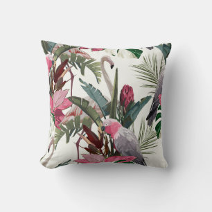 Tropical exotic pattern with parrot, flamingo cushion