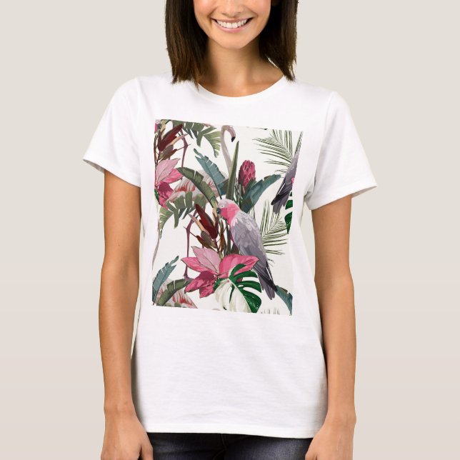 Tropical exotic pattern with parrot, flamingo T-Shirt (Front)