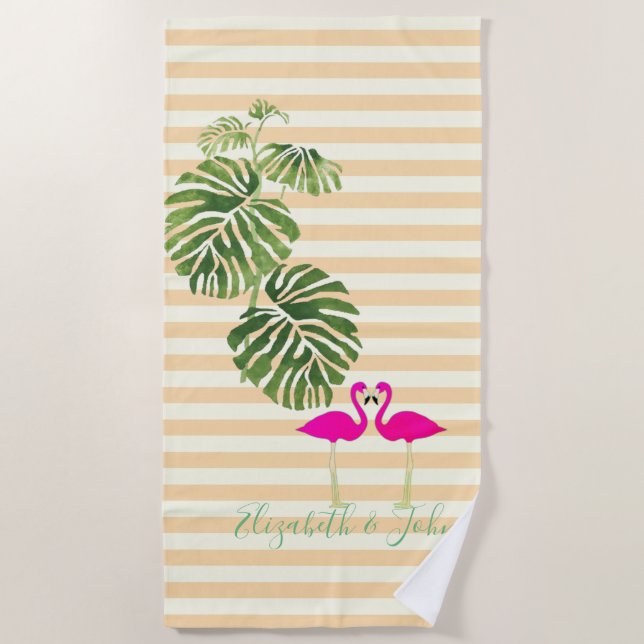 Tropical Exotic ,Striped ,Flamingos-Personalised Beach Towel (Front)