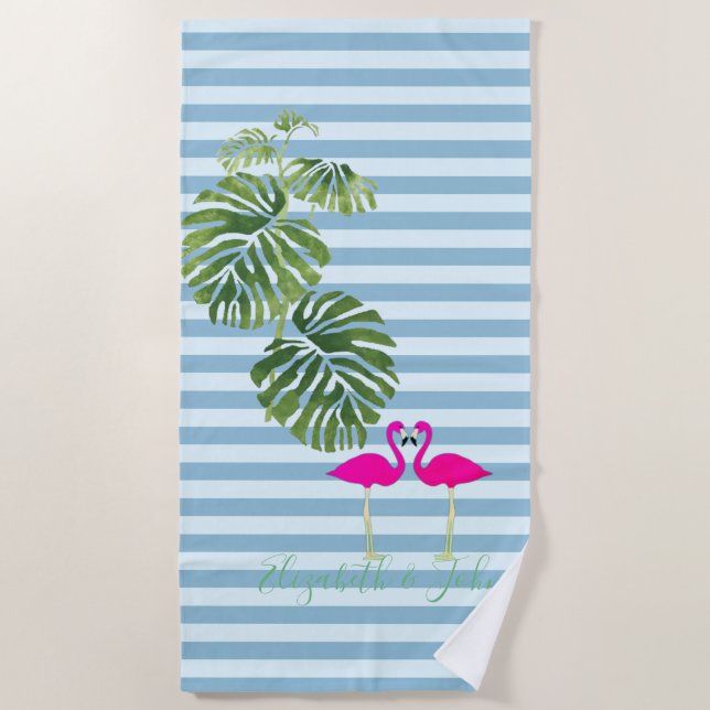 Tropical Exotic ,Striped ,Flamingos-Personalised Beach Towel (Front)