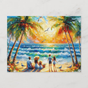 Tropical Family Beach Sunset Oil Painting Postcard