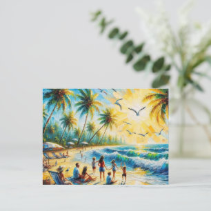 Tropical Family Beach Sunset Oil Painting Postcard