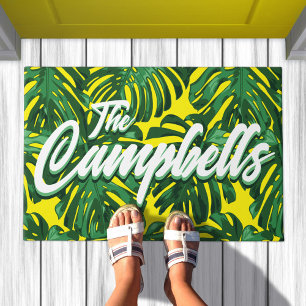 Tropical Family Name Green Yellow Monstera Leaves Doormat