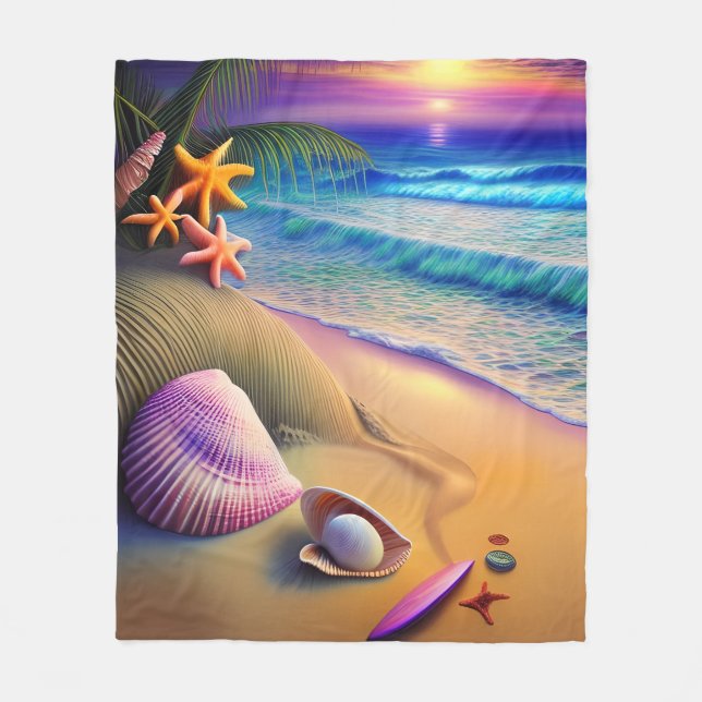 Tropical Fantasy Beach Sunset Fleece Blanket (Front)