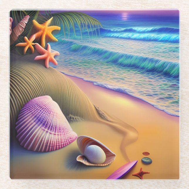 Tropical Fantasy Beach Sunset Glass Coaster (Front)